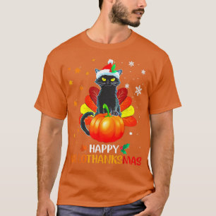 Black Cat Happy HalloThanksMas Halloween And Merry T-Shirt