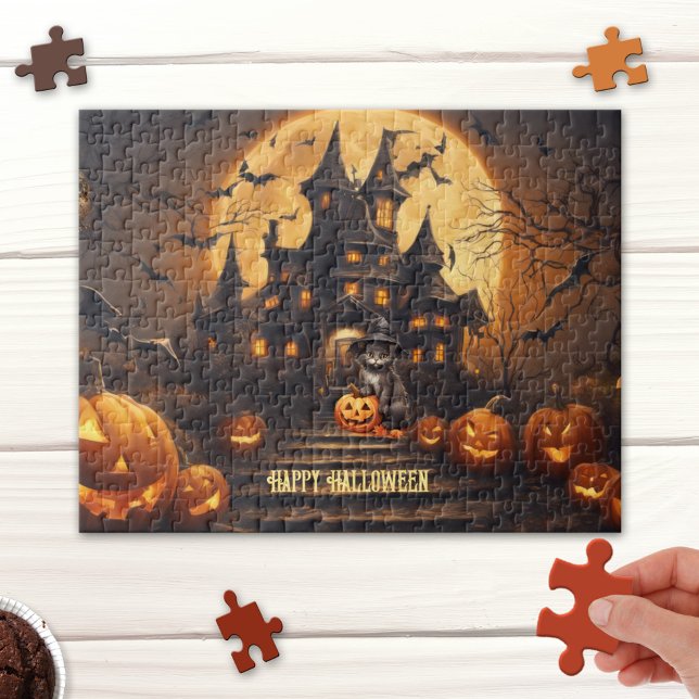 Black Cat Happy Halloween Haunted House Puzzle (Halloween puzzle featuring a cute fantasy scene with a black cat with pumpkins at a haunted house)