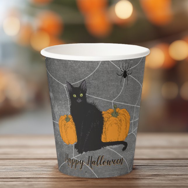 Black Cat Happy Halloween Paper Cups (Vintage Gothic Halloween party cup featuring a spooky black cat)