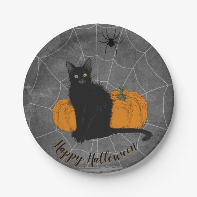 Black Cat Happy Halloween Paper Plate (Front)