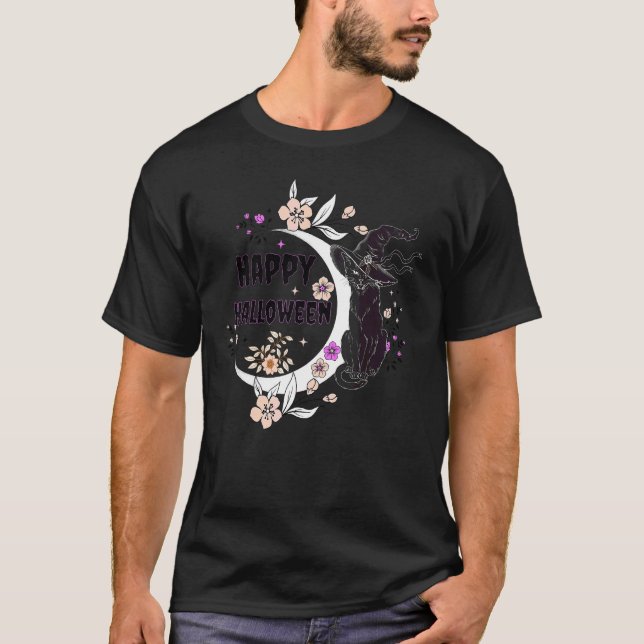 Black Cat Happy Halloween Witch Full Moon Cat  Tee (Front)