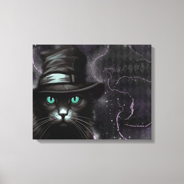Black Cat Hat Argyle Alcohol Ink  Canvas Print (Front)