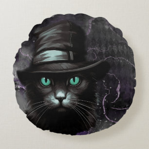 Black Cat Hat Argyle Alcohol Ink Round Cushion