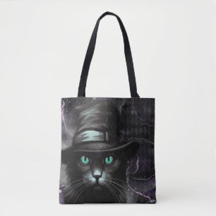 Black Cat Hat Argyle Alcohol Ink  Tote Bag