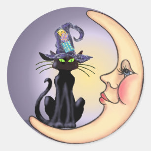 BLACK CAT, HAT & CRESCENT MOON by SHARON SHARPE Classic Round Sticker