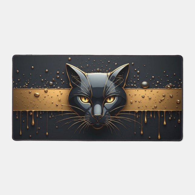 Black Cat Head With Gold Drip Design 🐈 Desk Mat (Front)