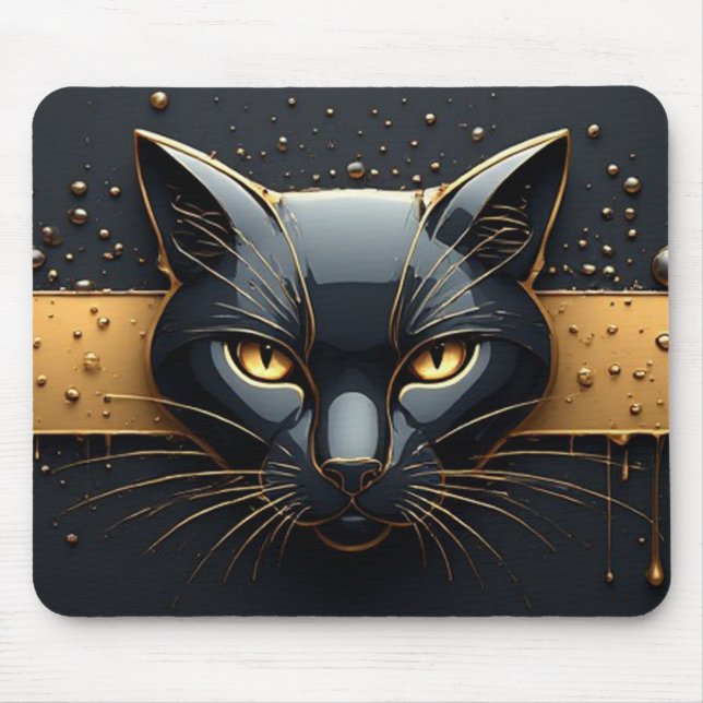 Black Cat Head With Gold Drip Design 🐈 Mouse Mat (Front)