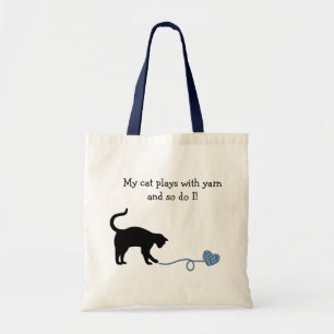 Black Cat & Heart Shaped Yarn (Blue) Tote Bag