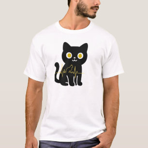 Black Cat Heartbeat Minimalist Art T-Shirt