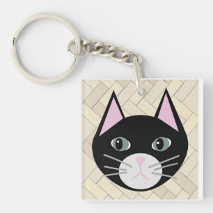 Black Cat Herringbone Beige Key Ring
