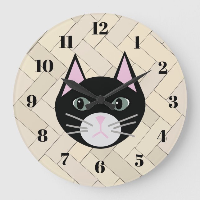 Black Cat Herringbone Beige Large Clock (Front)