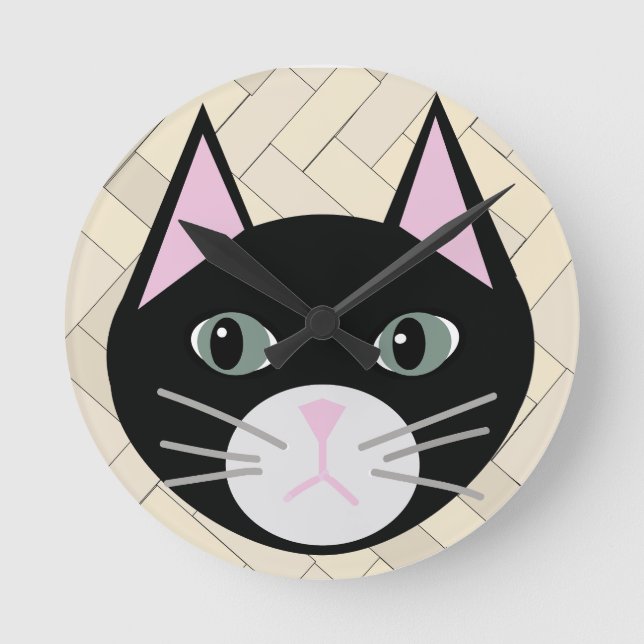 Black Cat Herringbone Beige Round Clock (Front)