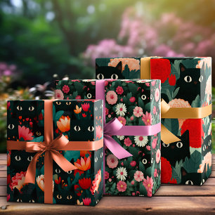 Black Cat Hidden In Romantic Pink Flower Botanical Wrapping Paper Sheet