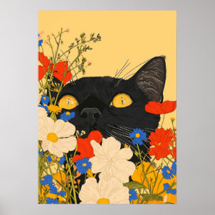 Black Cat Hiding Among Flowers Poster