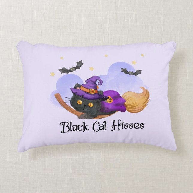Black Cat Hisses – Halloween Witch Cat Decorative Cushion (Front)