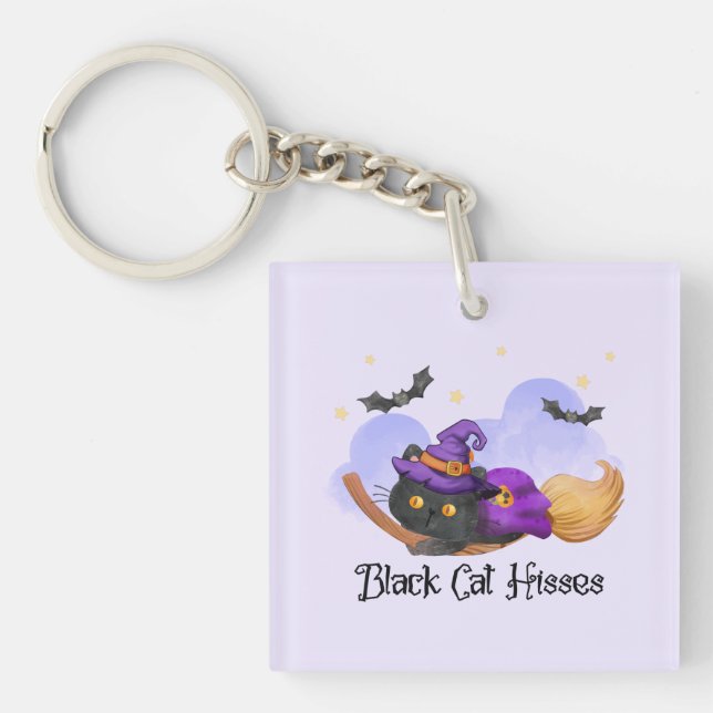 Black Cat Hisses – Halloween Witch Cat Key Ring (Front)