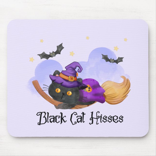 Black Cat Hisses – Halloween Witch Cat Mouse Mat (Front)