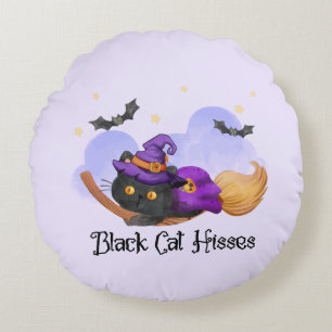 Black Cat Hisses – Halloween Witch Cat Round Cushion