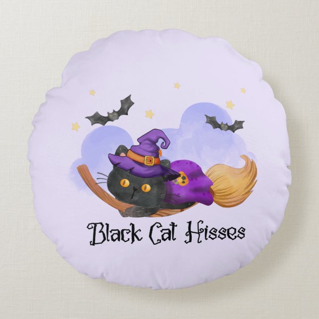 Black Cat Hisses – Halloween Witch Cat Round Cushion (Front)