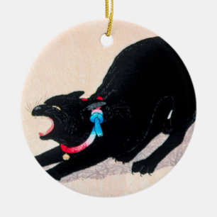 Black Cat Hissing Fine Art by Hiroaki Takahashi Ceramic Tree Decoration