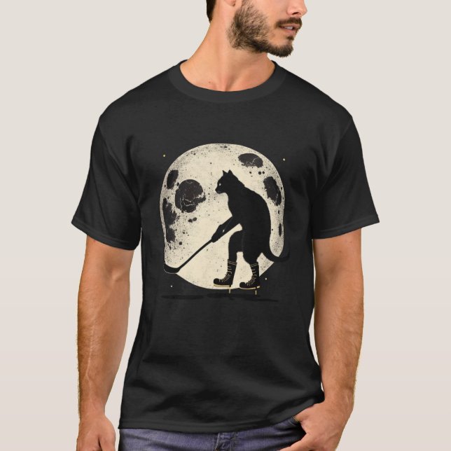Black Cat Hockey Moon Graphic Tees Men Women Boys  (Front)