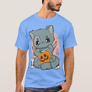 Black Cat Holding A Cute Pumpkin Chibi Neko For Ha T-Shirt