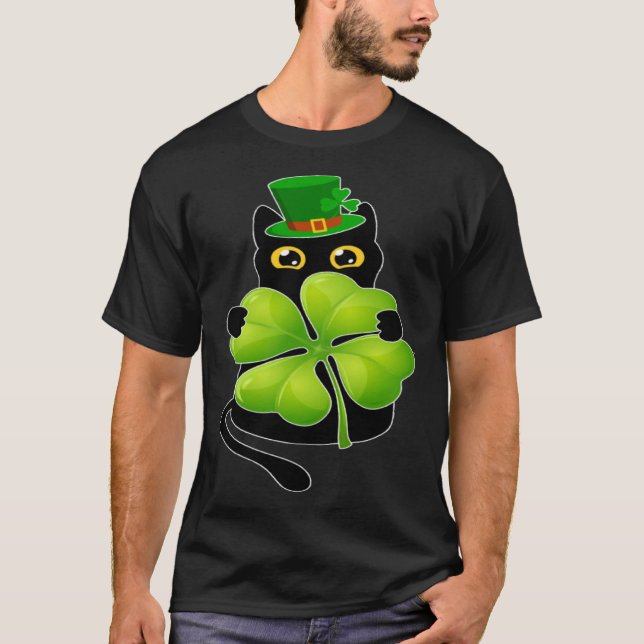 Black Cat Holding C Shamrock St Patricks Day 2023  T-Shirt (Front)