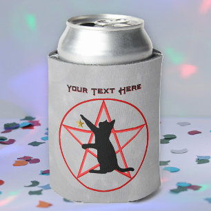 Black Cat Holding Gold Star Red Pentagram Grey Can Cooler