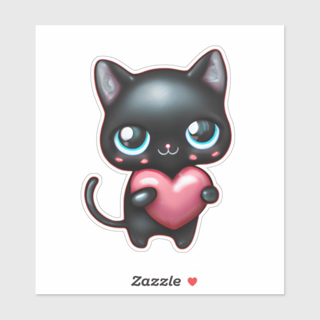Black cat holding heart vinyl sticker (Sheet)