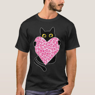 Black Cat holding Leopard Pink Heart Valentine's d T-Shirt