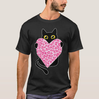 Black Cat holding Leopard Pink Heart Valentine's d T-Shirt