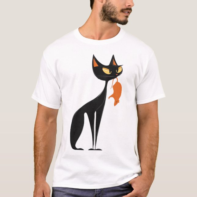 Black Cat Holding Orange Rat  T-Shirt (Front)