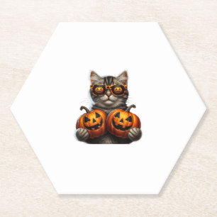 Black Cat Holding Pumpkin Halloween Cat Lovers Wom Paper Coaster