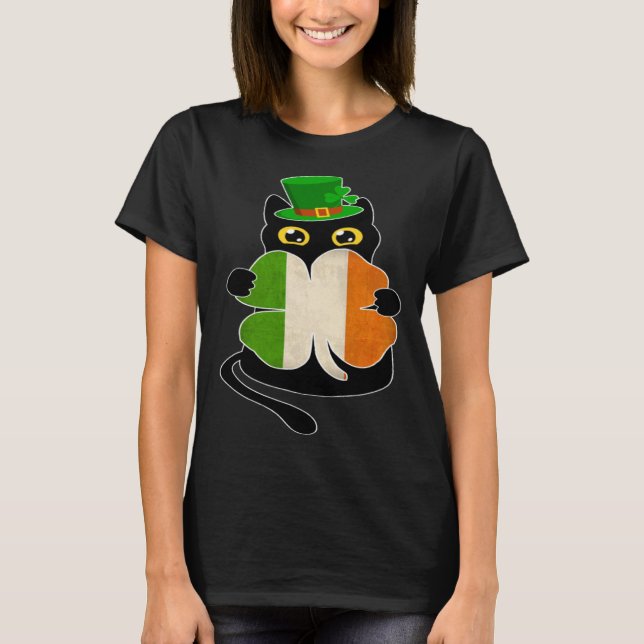 Black Cat Holding Shamrock Irish Flag St Patricks  T-Shirt (Front)