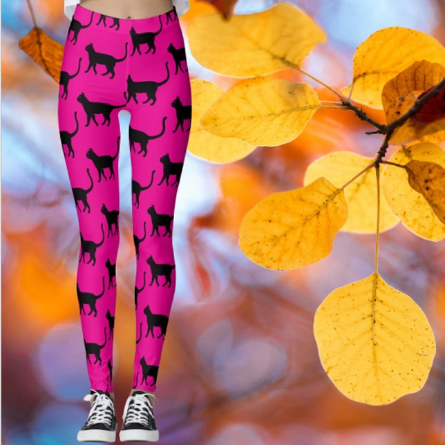 Black Cat Hot Pink Crazy Cat Woman Leggings (Feeling Catty?)
