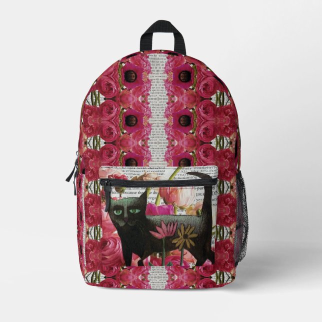 Black Cat Hot Pink Psychedelic Botanical Flowers  Printed Backpack (Front)