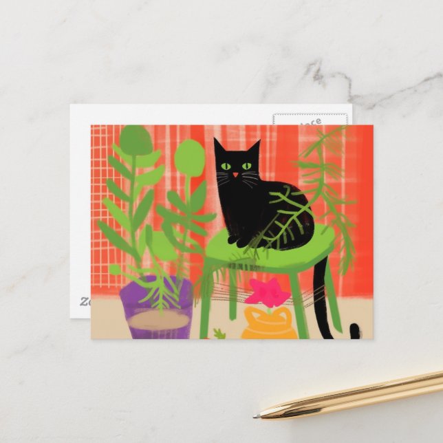 Black Cat Houseplants Postcard (Front/Back In Situ)
