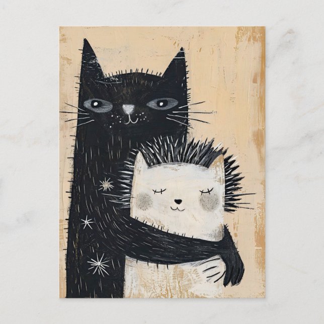 Black Cat Hugging a Hedgehog Postcard (Front)