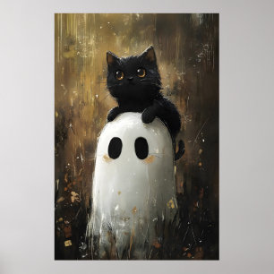 Black cat hugs cute ghost print, digital Halloween Poster