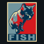 Black Cat Hungry for Fish - Pop Art Red & Blue Poster<br><div class="desc">Original illustration of my black cat Mona,  who's never satisfied until she gets what she wants - fish. This hungry cat is illustrated in the bold style of the "hope" poster.</div>