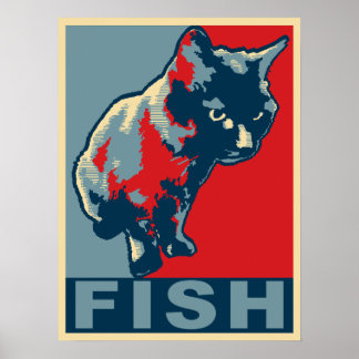 Black Cat Hungry for Fish - Pop Art Red & Blue Poster