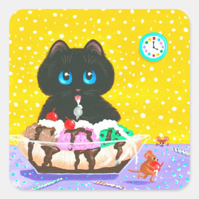 Black Cat Ice Cream Creationarts Square Sticker (Front)