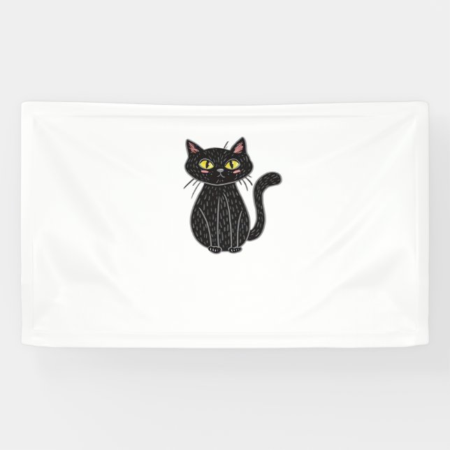 Black Cat Illustration, Doodle Cute Cat Classic T- Banner (Horizontal)