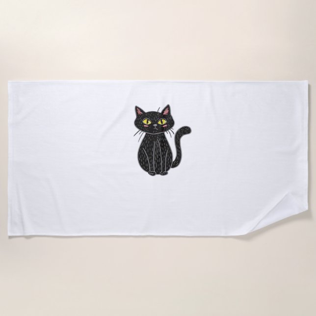 Black Cat Illustration, Doodle Cute Cat Classic T- Beach Towel (Front)
