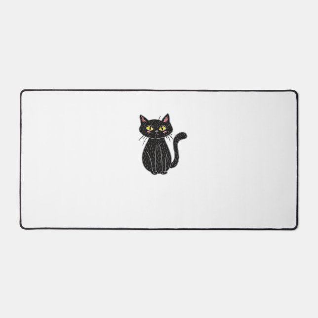 Black Cat Illustration, Doodle Cute Cat Classic T- Desk Mat (Front)