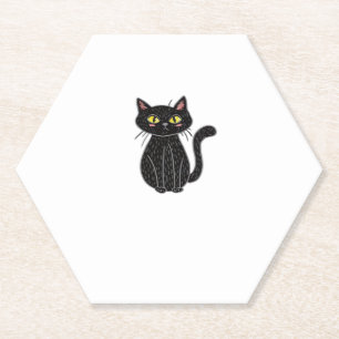 Black Cat Illustration, Doodle Cute Cat Classic T- Paper Coaster