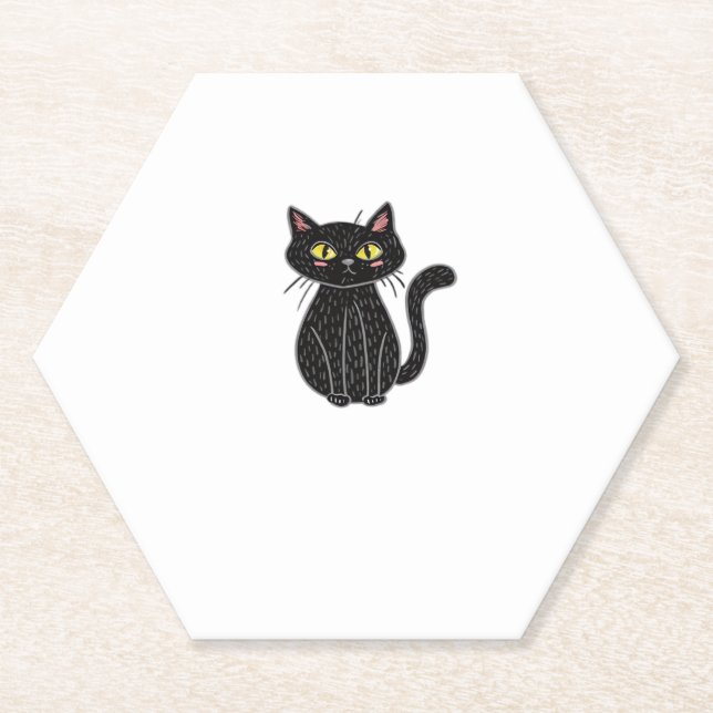 Black Cat Illustration, Doodle Cute Cat Classic T- Paper Coaster (Front)