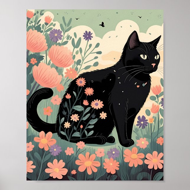 Black cat illustration in a field of flowers poster (Front)