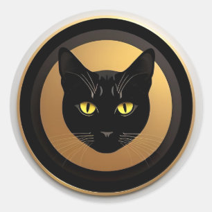 Black Cat Illustration on Golden Circle Classic Round Sticker