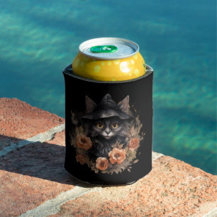 Black Cat in a Black Witch's Hat Halloween Can Cooler